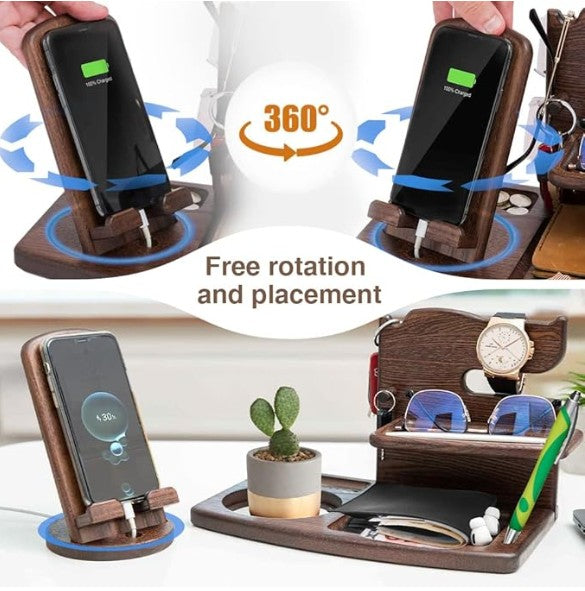 Men's Wooden Organiser Station - Rotating Phone Dock with Watch & Wallet Holder