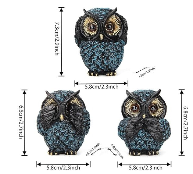 Three Wise Owls Decoration Set - Resin Animal Sculptures 'See Hear Speak No Evil' for Home
