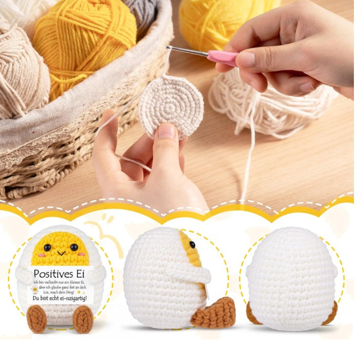 Positives Ei-Kuscheltier – Handgestricktes Motivationsgeschenk mit herzlicher Botschaft