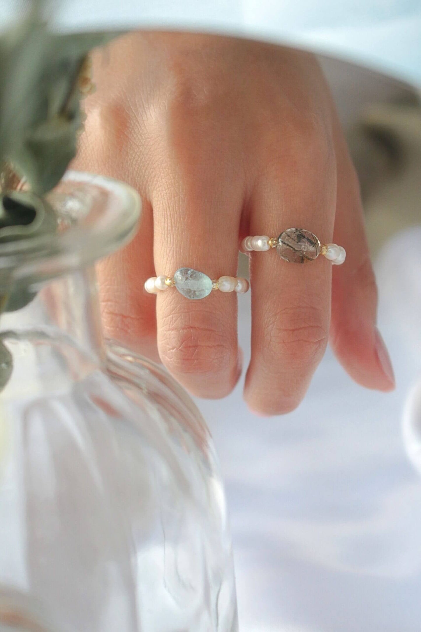 Elastic Rings with Natural Crystals & Freshwater Pearls - Wear your energy, Align your vibe.