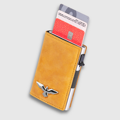 Ochre Leather Pop-Up Card Holder - Classic Style Meets Modern Innovation