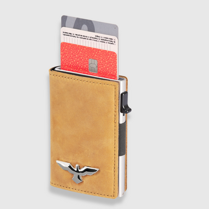 Ochre Leather Pop-Up Card Holder - Classic Style Meets Modern Innovation