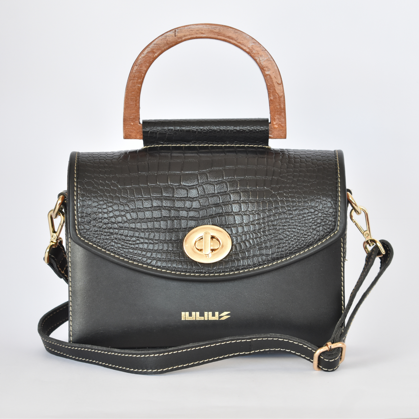 Crocodile-Textured Leather Bag with Natural Wood & Gold Hardware - Stand Out in Style