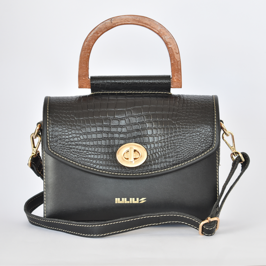 Crocodile-Textured Leather Bag with Natural Wood & Gold Hardware - Stand Out in Style