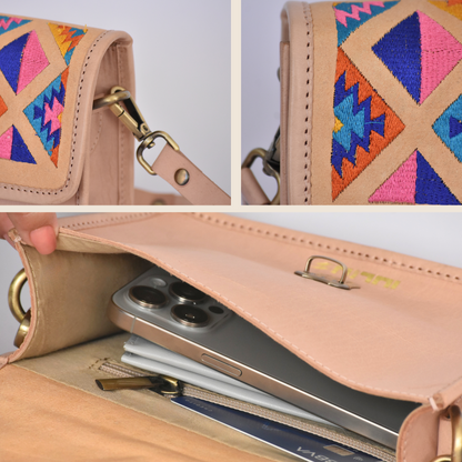 Light Pink Embroidered Leather Crossbody – Artisanal & Bold