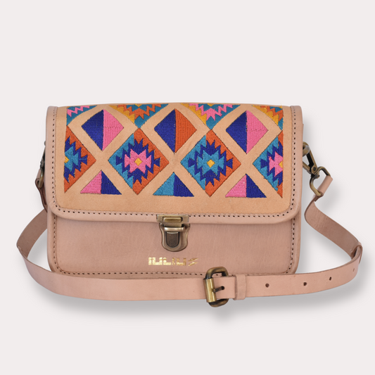 Light Pink Embroidered Leather Crossbody – Artisanal & Bold