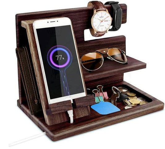 Wooden Phone Docking Station - Men's Bedside Organizer for Watches, Wallets & Accessories