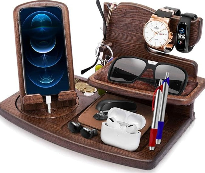 Men's Wooden Organiser Station - Rotating Phone Dock with Watch & Wallet Holder