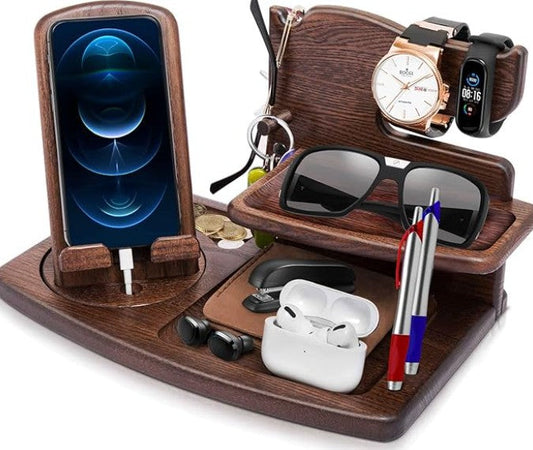 Men's Wooden Organiser Station - Rotating Phone Dock with Watch & Wallet Holder