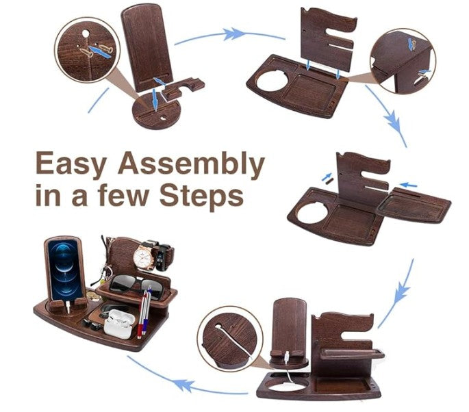 Men's Wooden Organiser Station - Rotating Phone Dock with Watch & Wallet Holder