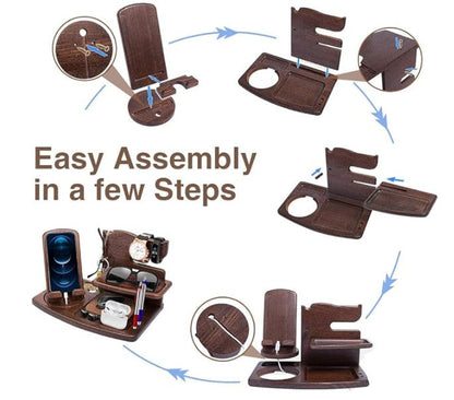 Men's Wooden Organiser Station - Rotating Phone Dock with Watch & Wallet Holder