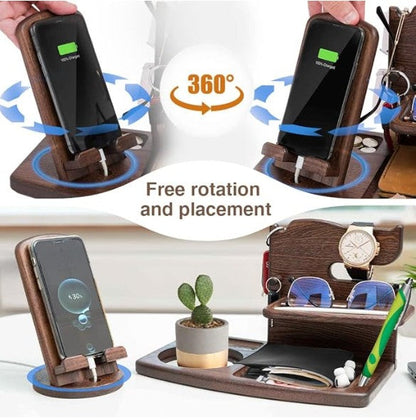 Men's Wooden Organiser Station - Rotating Phone Dock with Watch & Wallet Holder