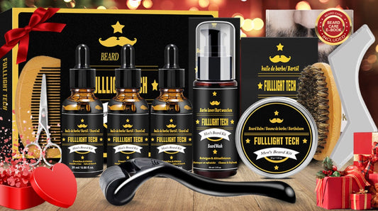 Beard Care Set for Men - Complete Grooming Kit with Roller, Shampoo, Oil, Balm, Comb, Brush & Scissors