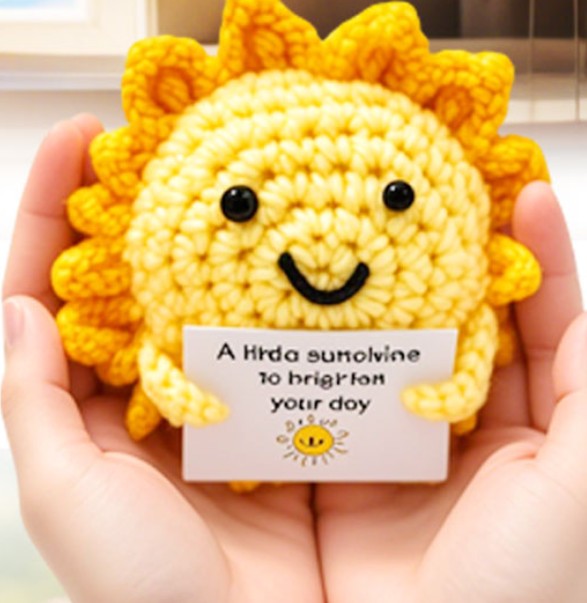 Positive Thank You Sun Knitted Doll - Handmade Sunshine Gift with Encouragement Card