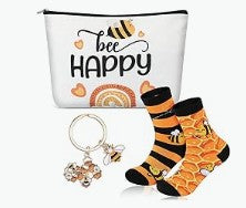 Bee Inspirational Gift Set for Women - 3-Piece Thank You Gift with Cosmetic Bag, Keyring & Socks