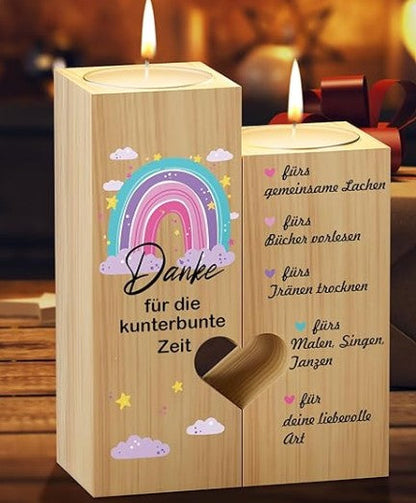 Danke Lehrer/in – Geschenkset mit Kerzenhalter aus Holz und Teelichtern