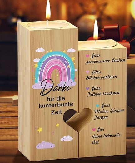 Danke Lehrer/in – Geschenkset mit Kerzenhalter aus Holz und Teelichtern