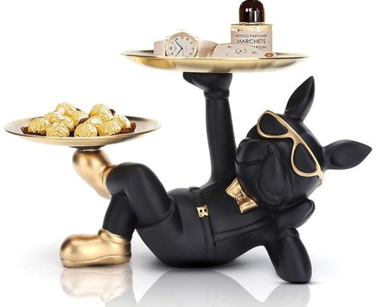 Dekorative Bulldoggen-Skulptur – Schreibtisch-Organizer aus Kunstharz mit Edelstahltablett