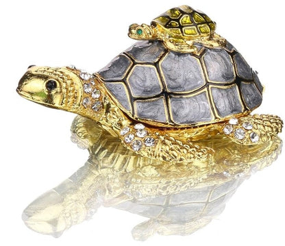 Turtle Trinket Jewelry Box with Sparkling Crystals - Hinged Hand-painted Figurine Ring Holder