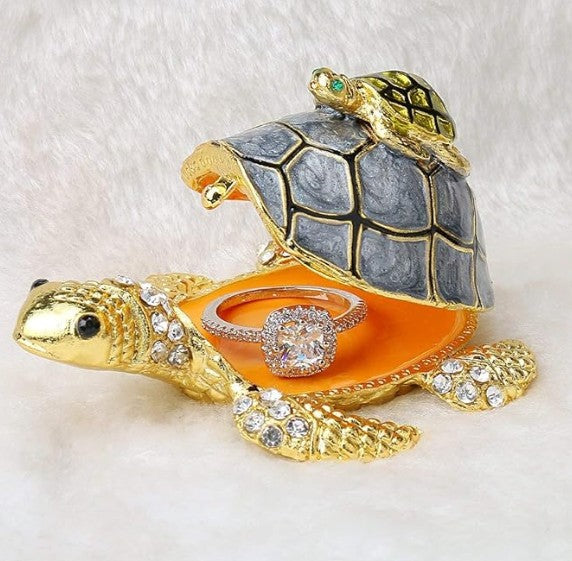 Turtle Trinket Jewelry Box with Sparkling Crystals - Hinged Hand-painted Figurine Ring Holder