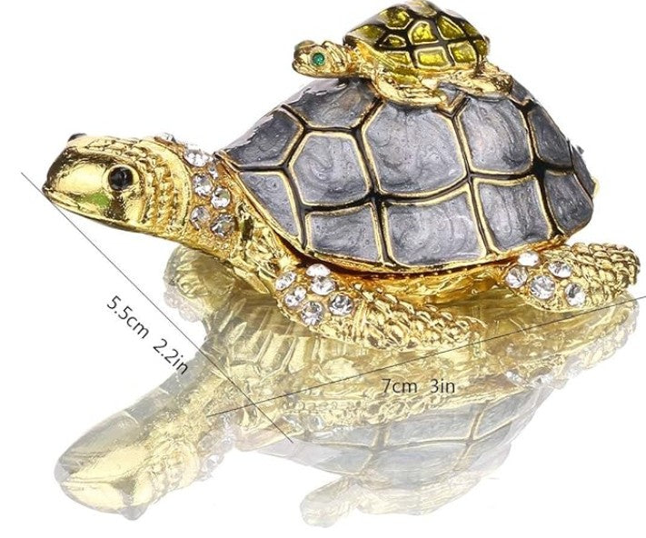 Turtle Trinket Jewelry Box with Sparkling Crystals - Hinged Hand-painted Figurine Ring Holder