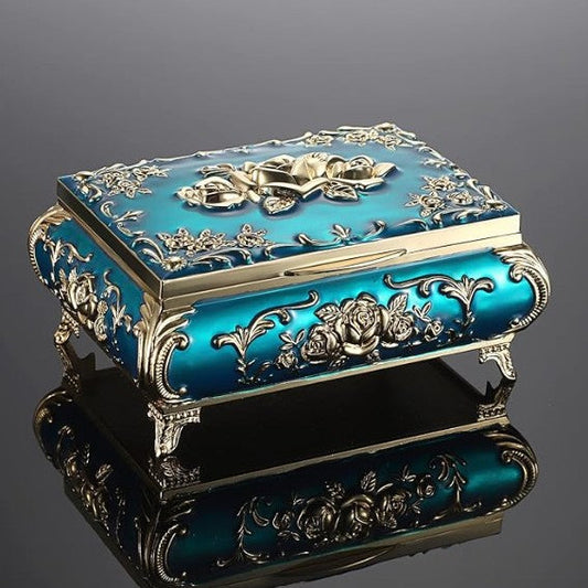 Vintage-Spieluhr – Musikalische Schmuckschatulle aus Metall mit blauem Samt-Interieur und floralem Muster