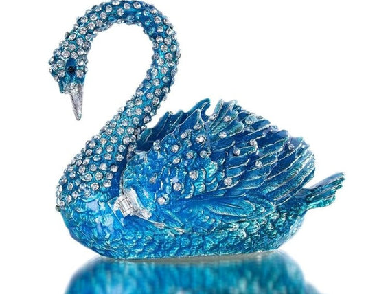 Blue Swan Hinged Jewelry Box - Hand Painted Animal Figurine with Rhinestones Ring Holder