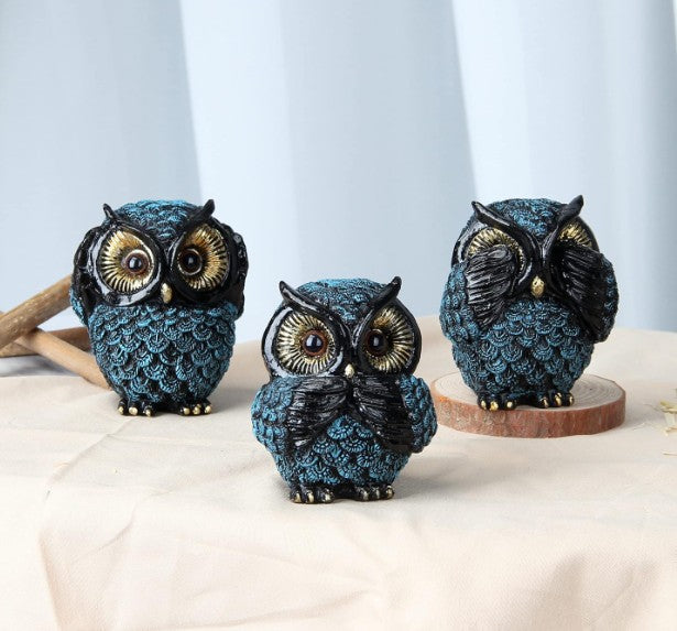 Three Wise Owls Decoration Set - Resin Animal Sculptures 'See Hear Speak No Evil' for Home