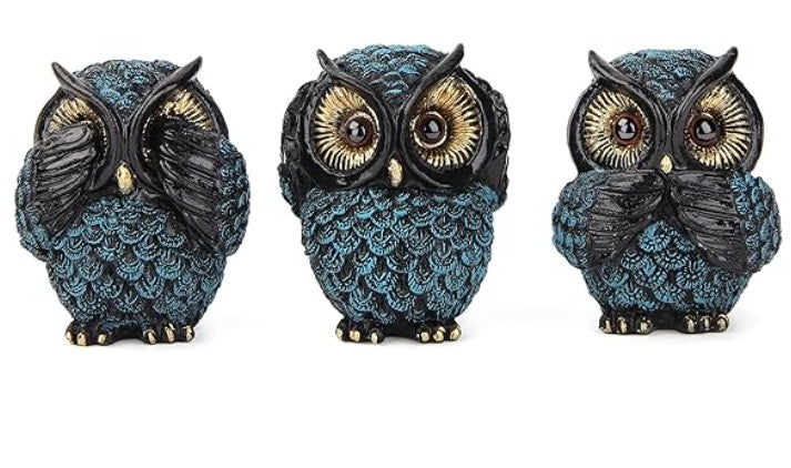 Three Wise Owls Decoration Set - Resin Animal Sculptures 'See Hear Speak No Evil' for Home