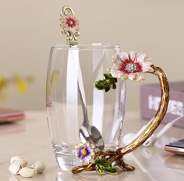 Enamel Sunflower Crystal Glass Tea Cup with Spoon Set - 350ml
