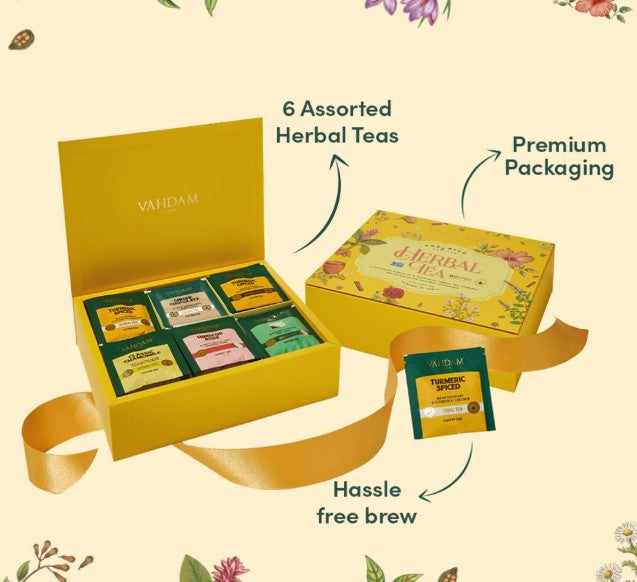 VAHDAM Herbal Tea Gift Set - 6 Teas, 36 Pyramid Tea Bags - Assorted Varieties Pack