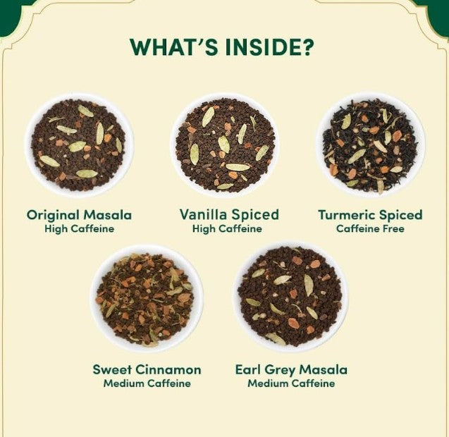 VAHDAM Chai Tea Tasting Set - 5 Flavours, 20 Pyramid Tea Bags - Assorted Variety Pack