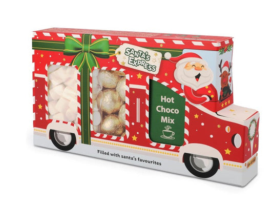 Santa's Express – Niedlicher Weihnachtstruck mit Trinkschokolade, Marshmallows und goldenen Schokoladenpralinen (125 g)