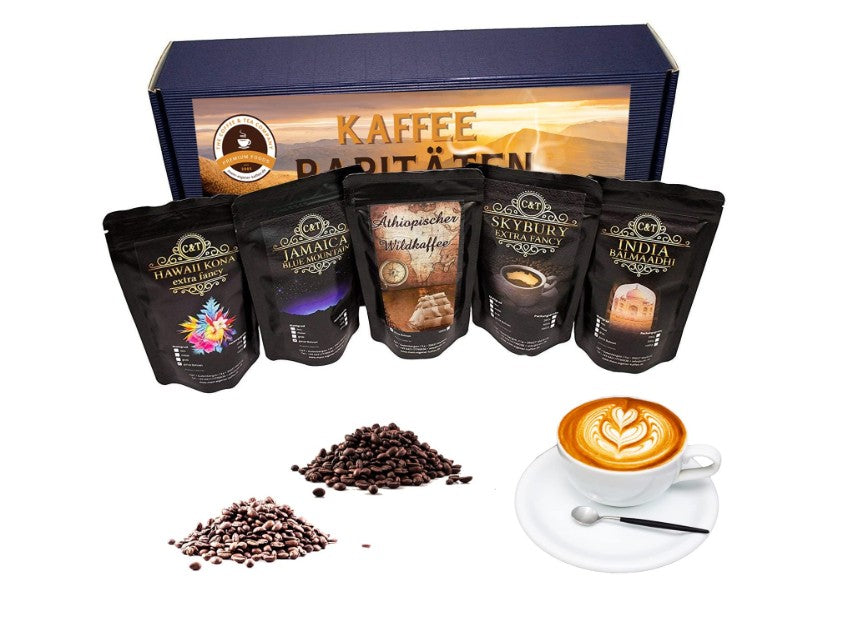 Premium-Kaffee-Geschenkset – 5 seltene Sorten, je 100 g ganze Bohnen
