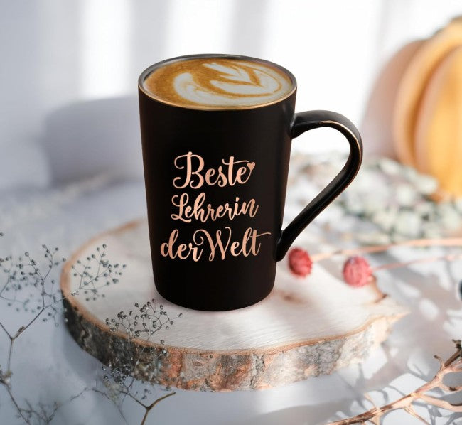 Teacher Gift, Farewell Gift, Best Teacher in the World, Coffee Mug, 400 ml Ceramic Marble Mug with Lid, Spoon and Gift Box, Black