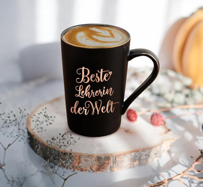 Teacher Gift, Farewell Gift, Best Teacher in the World, Coffee Mug, 400 ml Ceramic Marble Mug with Lid, Spoon and Gift Box, Black