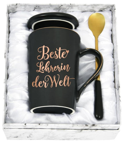 Teacher Gift, Farewell Gift, Best Teacher in the World, Coffee Mug, 400 ml Ceramic Marble Mug with Lid, Spoon and Gift Box, Black