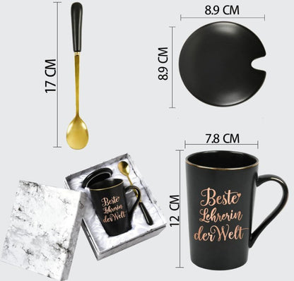 Teacher Gift, Farewell Gift, Best Teacher in the World, Coffee Mug, 400 ml Ceramic Marble Mug with Lid, Spoon and Gift Box, Black