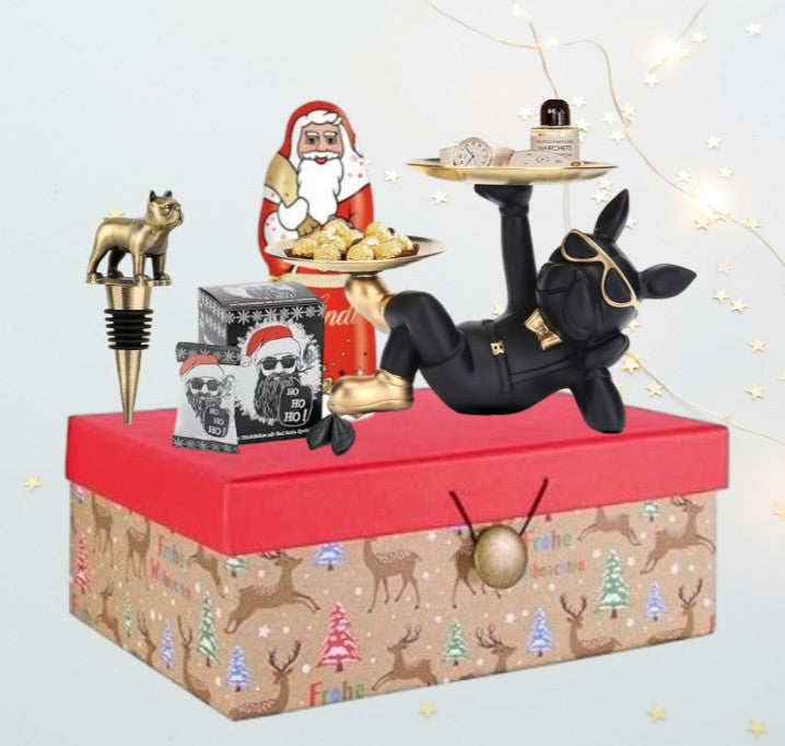 Geschenkbox für Liebhaber französischer Bulldoggen – Weinstopper, Lindt-Schokolade, Skulptur &amp; festliche Leckereien