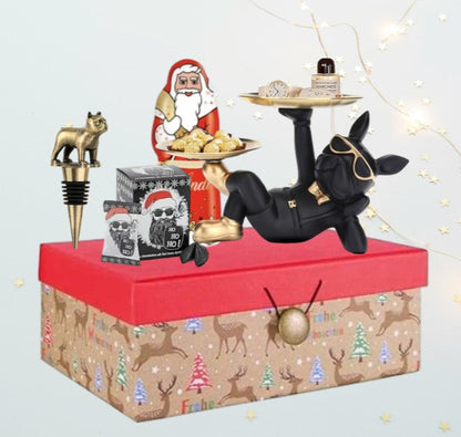 Geschenkbox für Liebhaber französischer Bulldoggen – Weinstopper, Lindt-Schokolade, Skulptur &amp; festliche Leckereien