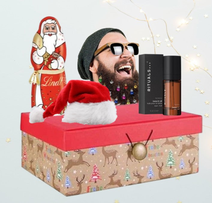 Weihnachtsmann-Bart-Geschenkbox – Weihnachtsschmuck, Rituals Bartöl, Weihnachtsmannmütze &amp; Lindt Schokolade