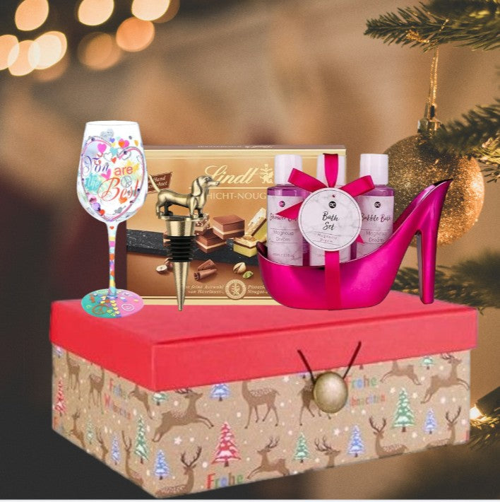 Wine Lover's Luxury Gift Box - Wine Stopper, Spa Set, Hand-Painted Glass & Lindt Chocolate