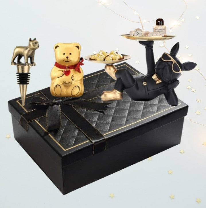 Deluxe-Geschenkbox mit französischer Bulldogge – Weinstopper, Lindt-Teddybär &amp; Dekofigur