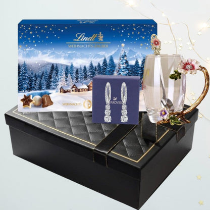 Premium Christmas Gift Box - Swarovski Stilla Earrings, Sunflower Tea Cup & Lindt Weihnachts-Zauber