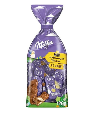 Milka Mini Smile Bunny Mix – Kleine Schokoladen-Osterhasen in drei Sorten: Alpenmilch, Milchcreme und Haselnusscreme – 120 g