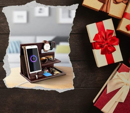 Wooden Phone Docking Station - Men's Bedside Organiser for Watches, Wallets & Accessories