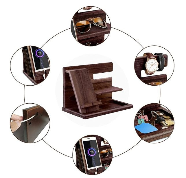 Wooden Phone Docking Station - Men's Bedside Organiser for Watches, Wallets & Accessories