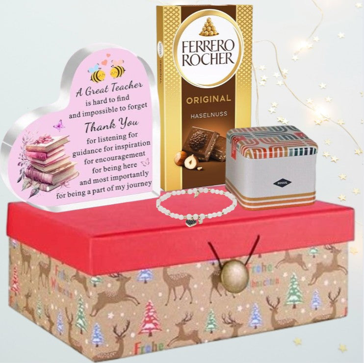 Weihnachtsgeschenkbox für Lehrer – „Danke“-Armband von FOSSIL &amp; Herzschild