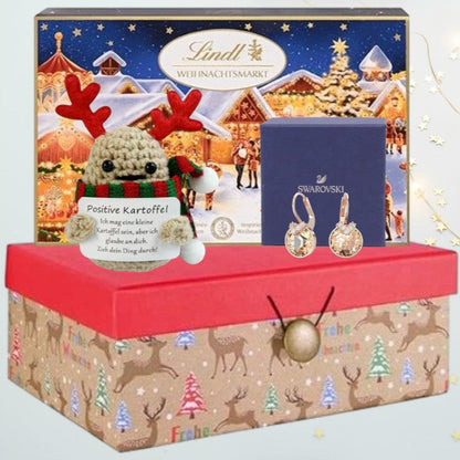 Premium-Weihnachtsgeschenkbox – Swarovski-Ohrringe, Weihnachtsmarkt-Pralinés und festliche Umarmung