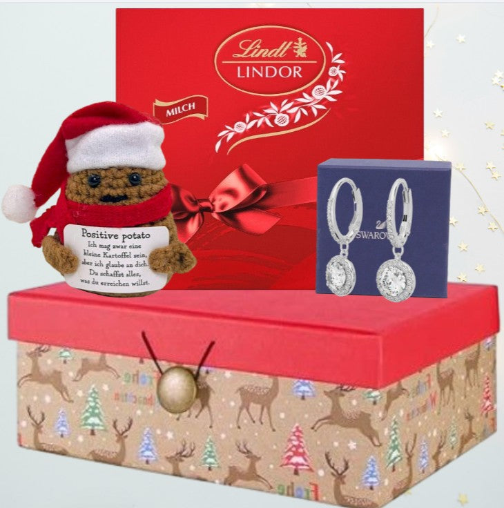 Swarovski Una Angelic Ohrringe Weihnachtsgeschenkbox – mit Glücksbringer „Positiver Freund“ und LINDOR Präsent Milch Klassik